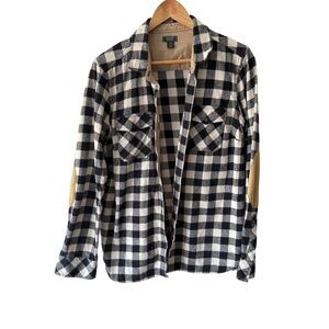 ROOTS Plaid Flannel Button Front Shirt Elbow Patches Black and Tan